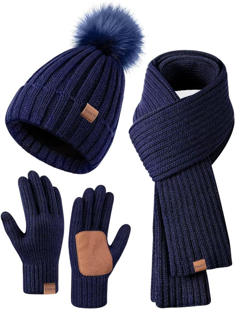 FISFET Winter Beanie Hat Scarf Gloves Set for Women, Womens Beanie with Pom Pom Long Scarf Neck Warmer Touchscreen Gloves 3 in 1 Set - Image 2